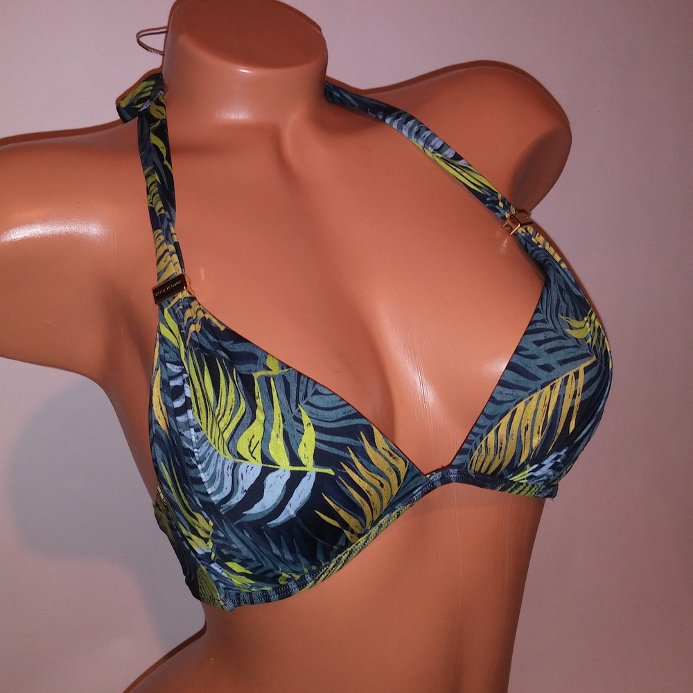 Victoria Secret Swim Bikini Top Small Tropical Floral Green Black Halter New